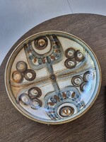 Vintage Soholm dán modernista samottos  kerámia tál- stilizált mintával,pasztell színvilággal, 36 cm