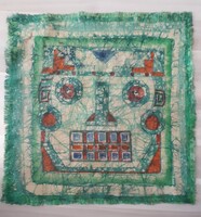 Mid century iparművészeti viaszos batikolt inka fej festett textil vászon kép 38 x 38 cm