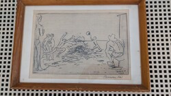 Borsos Miklós : Labdázók a Balatoni strandon, rézkarc 1969 évből