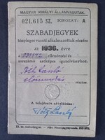 Magyar Királyi Államvasutak Szabadjegyek tényleges vasúti alkalmazottak részére 1936 Tóth László