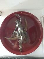 Régi Nagyméretű Mázas Kerámia Fali Tál,Tányér Plasztikus Mitológiai Bronz Női Figurával.40 cm.
