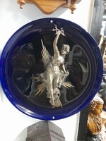 Régi Nagyméretű Mázas Kerámia Fali Tál,Tányér Plasztikus Mitológiai Bronz Női Figurával.40 cm.
