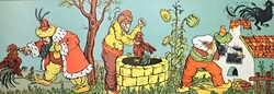 Gácsi Mihály:  A kiskakas gyémántfélkrajcárja (nagyméretű színes linó, aláírt) mese illusztráció