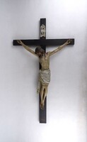 1U951 Nagyméretű antik fa kereszt feszület faragott Jézussal 74 cm