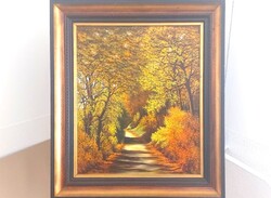 (K) Szép szignózott erdőbelső tájkép festmény 66x75 cm kerettel