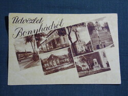 Képeslap,Bonyhád,mozaik,strand,Perczel Mór kastély,szobor,templom látkép,részlet, 1945-