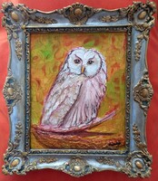 Prima díjas művésztől, Hóbagoly.20x25cm+keret. Pecsétes tanúsítvánnyal. Károlyfi Zsófia(1952)