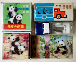 Régi vintage panda kocka kirakó állatos puzzle retró kínai lemezautó fém jármű teherautó lemez autó