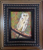 Prima díjas művésztől Fülesbagoly  20x25cm+keret. Pecsétes tanúsítvánnyal. Károlyfi Zsófia(1952)