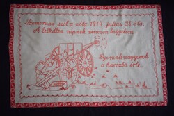 Néprajzi hímzett kézimunka irredenta mintás szöveges I. v.h. téma falvédő dekoráció 91 x 60 cm