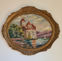 Antik vintage ovális gobelin kép kastély a tónál kis vitorlással távolban hegyekkel
