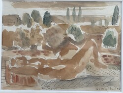 Gadányi Jenő - Balatoni táj akttal, 1958, akvarell