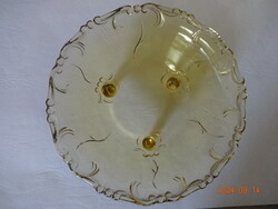 Szép régi, 3 lábon álló, borostyánsárga üveg kínáló tálka,  asztalközép