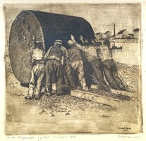 Conrad Gyula (1877-1959): Hajógyárban, rézkarc - Nemzeti Szalon díjnyertes grafikája, 1908