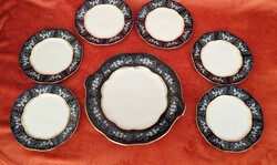Pompadúr II. Zsolnay kézzel festett porcelán süteményes / szendvicses készlet 6 db tányér +1 tálaló