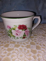 Rózsás, gyönyörű, régi nagyméretű 0,5 literes porcelán bögre, virágmintás, tejfölös, aludttejes csup