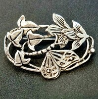 Vintage jelzett ezüstözött virág pillangó, szitakötő bross kitűző