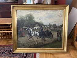 DAYKA ANTAL 1903 LOVASKOCSI, FALUSI, URADALMI JELENET NAGYMÉRETŰ OLAJ VÁSZON FESTMÉNY SZÉLES ARANY K