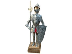 Középkori lovag - régi vintage figura - fém szobor, páncél, alabárd, sisak, pajzs, fegyver dekoráció