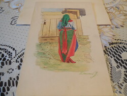Szláv menyecske  szép népviseletben  , Dancsó  szignóval  , 15 x 23 cm