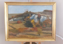 Herczeg István szép tájkép festmény Régi kőbánya 90x71 cm kerettel