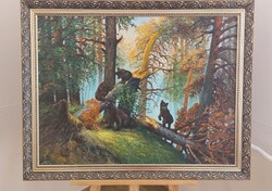 Karlovits erdei tájkép festmény macikkal  90X70 cm kerettel
