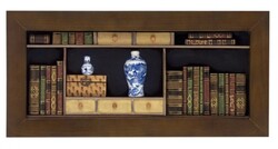 Antik könyvek és porcelán üvegezett 3 D falikép  59 cm x 28,5 cm