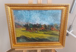 Falusi tájkép festmény Nyilasy szignóval 55x44 cm kerettel