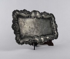 1V567 Régi barokkos formavilágú ezüstözött ón tálca 27 x 15 cm