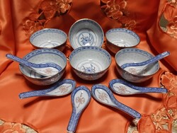 Rizsszemes kínai porcelán,  6 rizses tál + 6 kanál