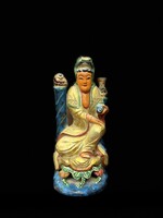 Antik Kuan Yin fa faragott aranyfestésű szobor, keleti, ázsiai, japán