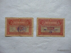 2 darab 2 korona bankjegy 1917 + RITKA Felülbélyegzés  Használt bankjegyek