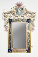 Murano-i üveg keretes tükör - rózsaszín üvegvirágokkal