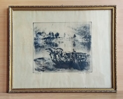 Kórusz József Várakozás rézkarc jelzett aranyozott fa keretben 42x52 cm