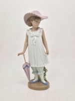Régi Aláírt Lladro Nao kislány kalapban esernyővel 19cm