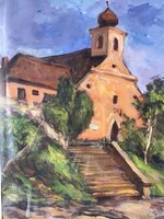Templomot ábrázoló festmény 68x55cm.