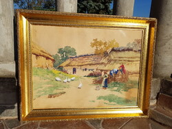 Antal Neogrády Village Life Scene watercolor 41x55 cm landscape in Italian ornate frame outer: 52x66 cm