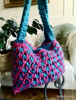 Handmade táska  ciklámen-türkiz horgolt válltáska 31 x 37 cm