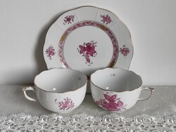 Lila Apponyi Purpur mintás Herendi porcelán teás csésze 2 db, süteményes tányér 1 db hibátlan