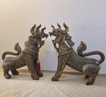 Impozáns, művészi, életnagyságú  vintage faragott ázsai foo kutya szobor pár, oroszlán