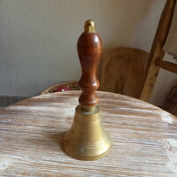 Szép antik réz csengő, fa markolattal (15x6,5 cm)