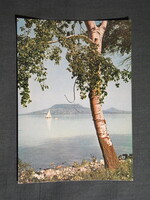 Képeslap,Balaton part,vitorlás hajó,Badacsony látkép,részlet, 1965-
