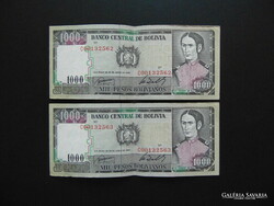 Bolívia 2 darab 1000 bolivár 1982 Sorszámkövető ! 02