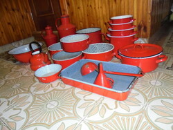 Old red enamel pots for a farmhouse - 19 pieces together - buckets, pots, vajling, baking tray, pan