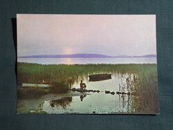 Képeslap,Balaton part,táj,csónak,horgász,naplemente látkép,részlet, 1965-