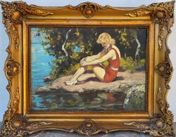 Illencz Lipót (1882 - 1950) Leány a Parton c. festménye Eredeti Garanciával!