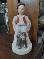 Ritka Ó-Herendi 1930,Tervezői Jelzéssel,Juhászbojtár Fiú Pulival Porcelán Figura.16 cm.
