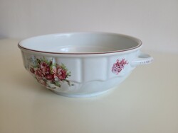 Régi porcelán füles tál rózsa nefelejcs orgona mintás népi kínáló 2 fülű rózsás komatál