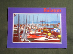 Képeslap,Balaton,móló,kikötő,vitorlás hajó,motorcsónak látkép,részlet,1995-