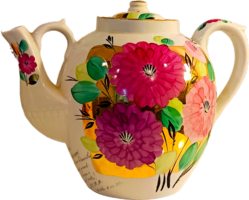 AKCIÓS! Dulevo Díszes festett porcelán teáskanna – orosz nyelvű aranyozott dedikációval